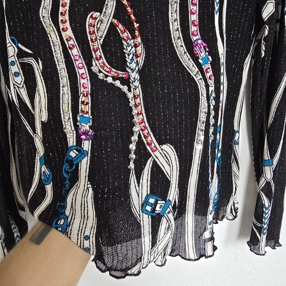 AZI Jeans Sheer Mesh Belt Print Beaded Y2K Top Size M - Picture 11 of 16